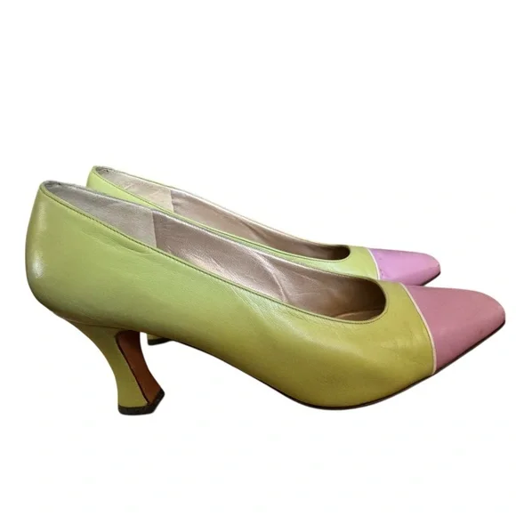 Vtg ST JOHN Lime Green Lavender Color Block Pumps 7.5 B Classic Rare 80s - Picture 7 of 8